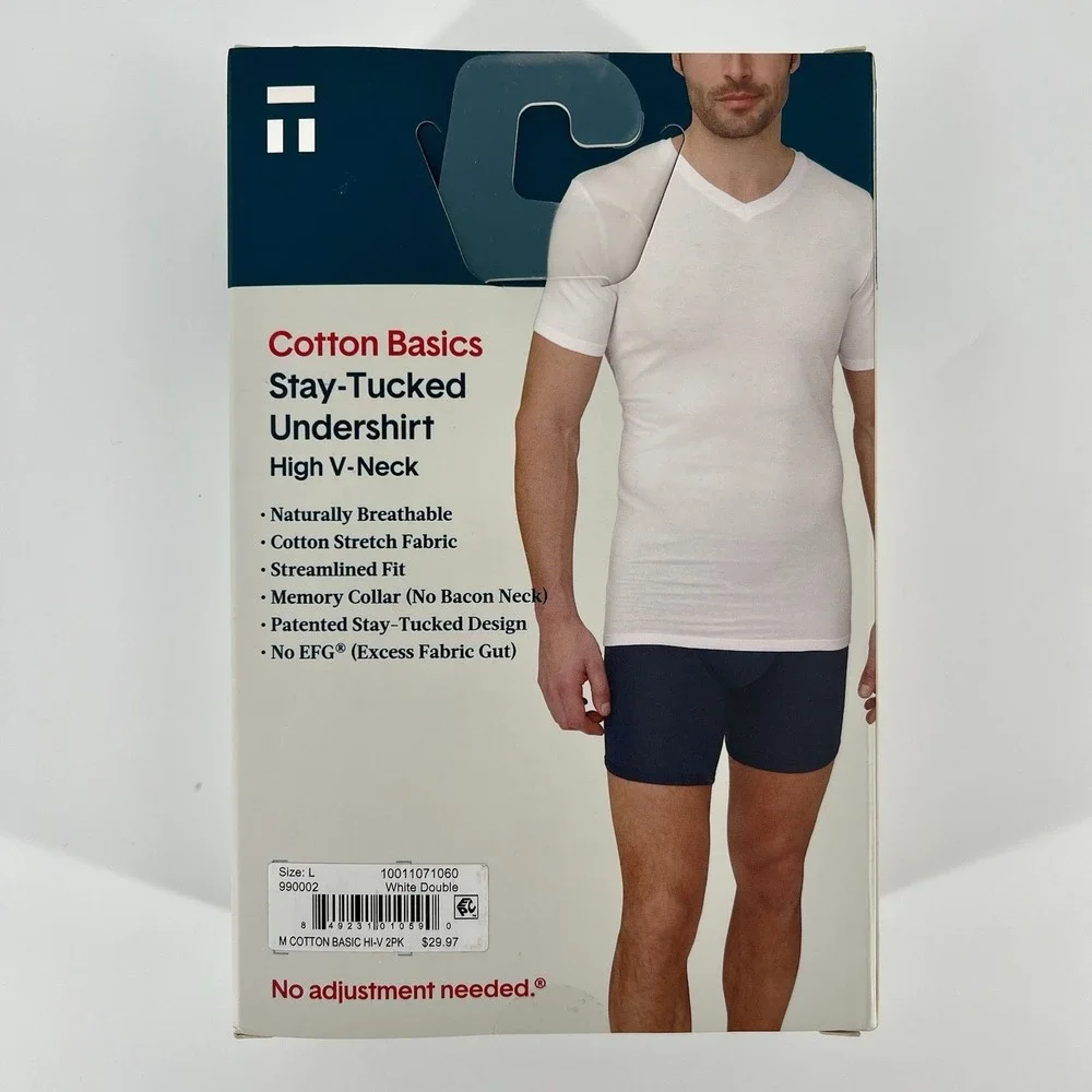 Tommy John Cotton Undershirt Men's LARGE High V Neck Stay-Tucked White 2-PACK